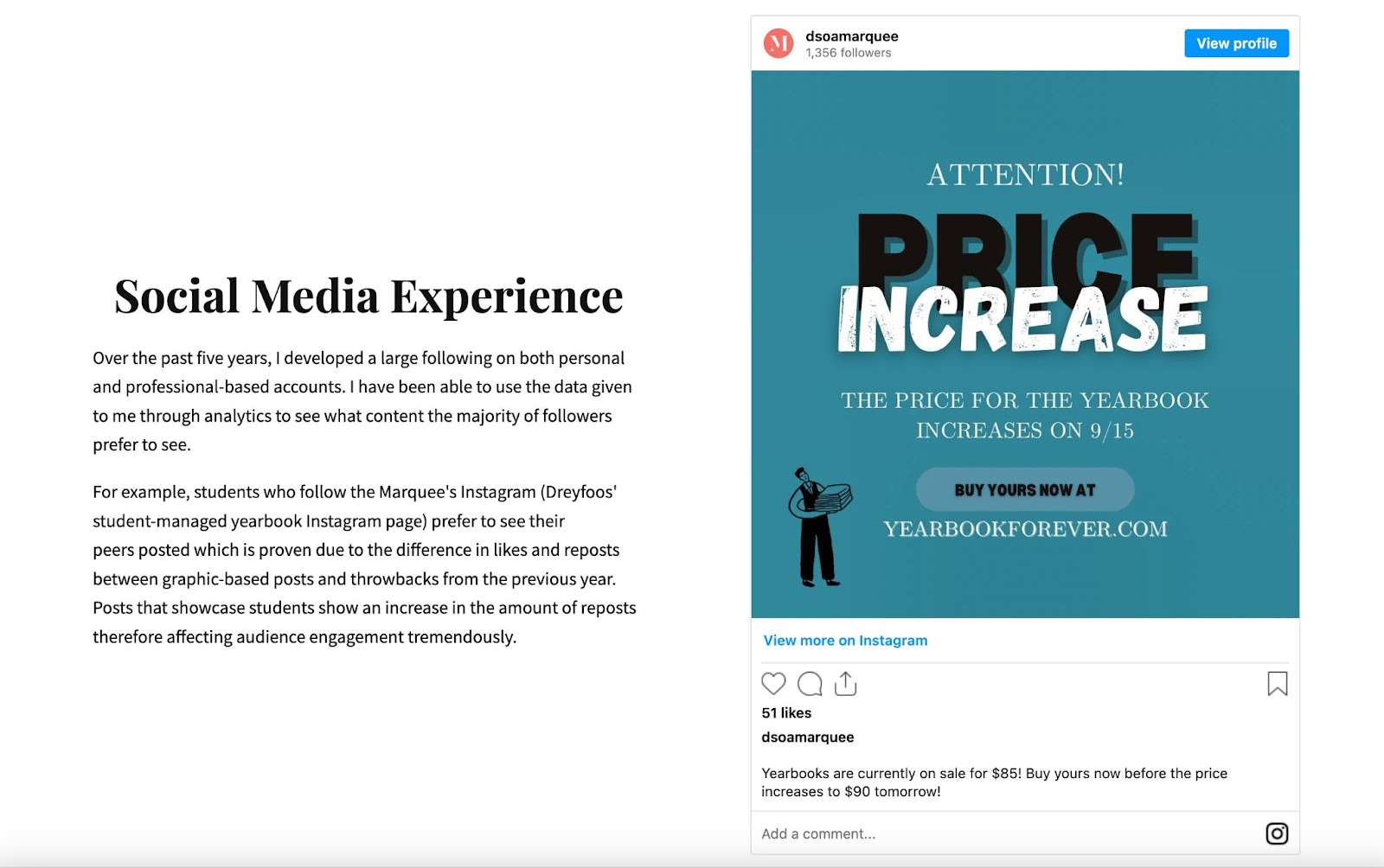 Example of embedded Facebook post on a page with text next to it