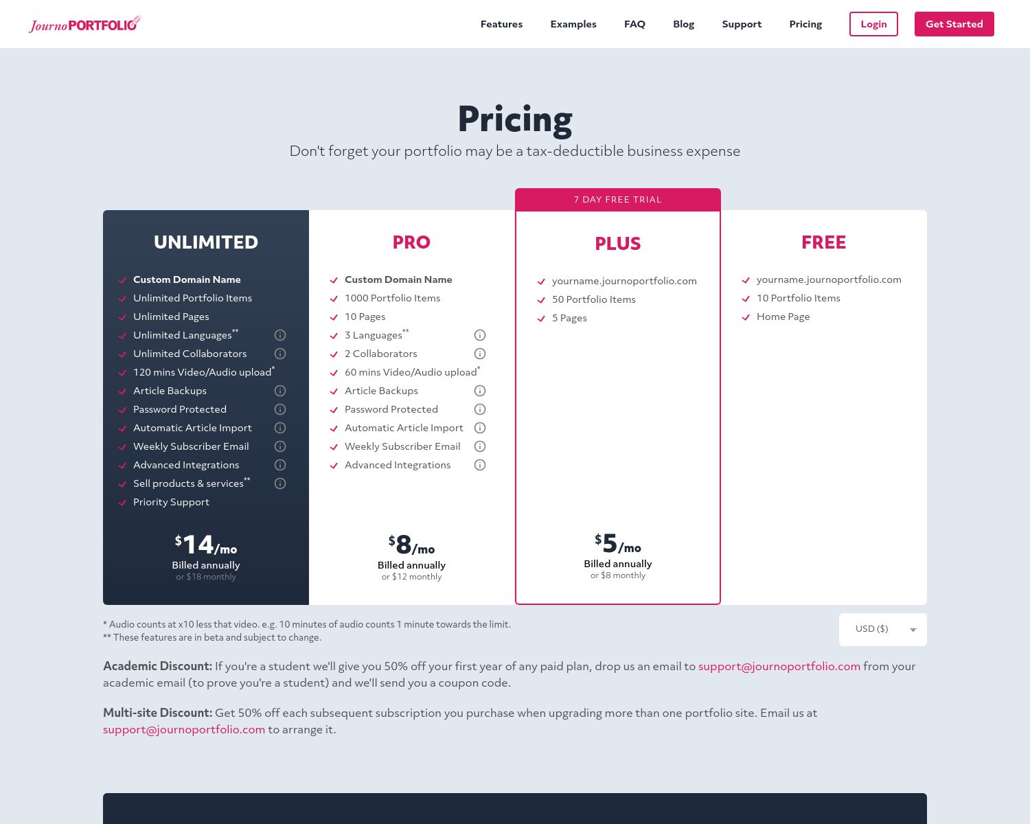 The Journo Portfolio Pricing page