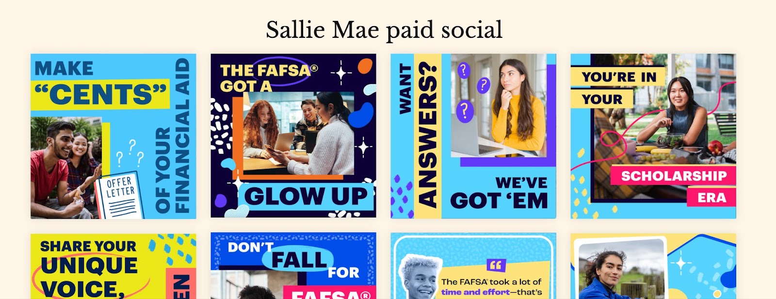 An image gallery grid of social media photos with bright graphics