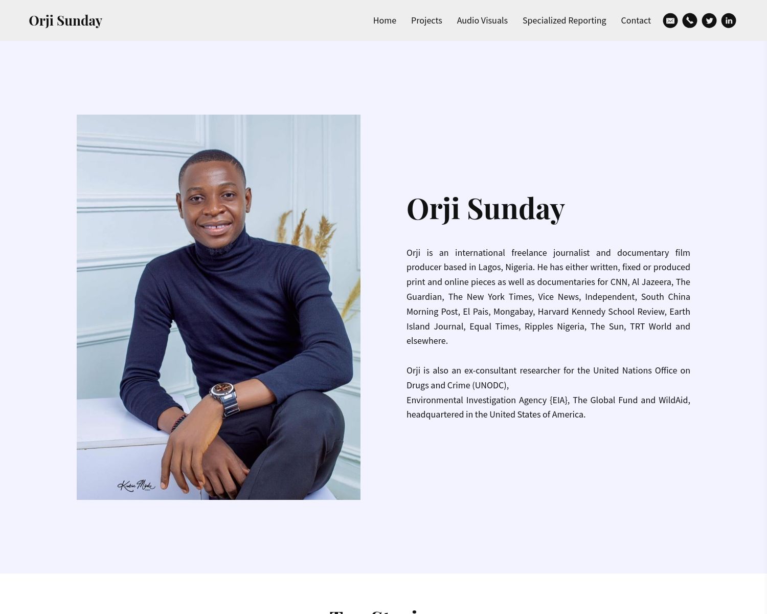 (Orji Sunday Example Portfolio screenshot with about me image